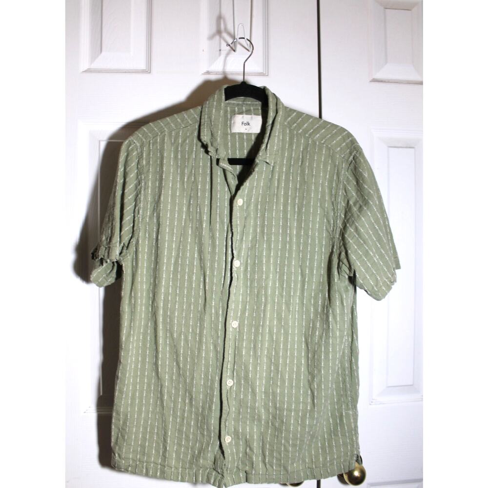 Folk Men's Linen Blend Short Sleeve Green Shirt sz M